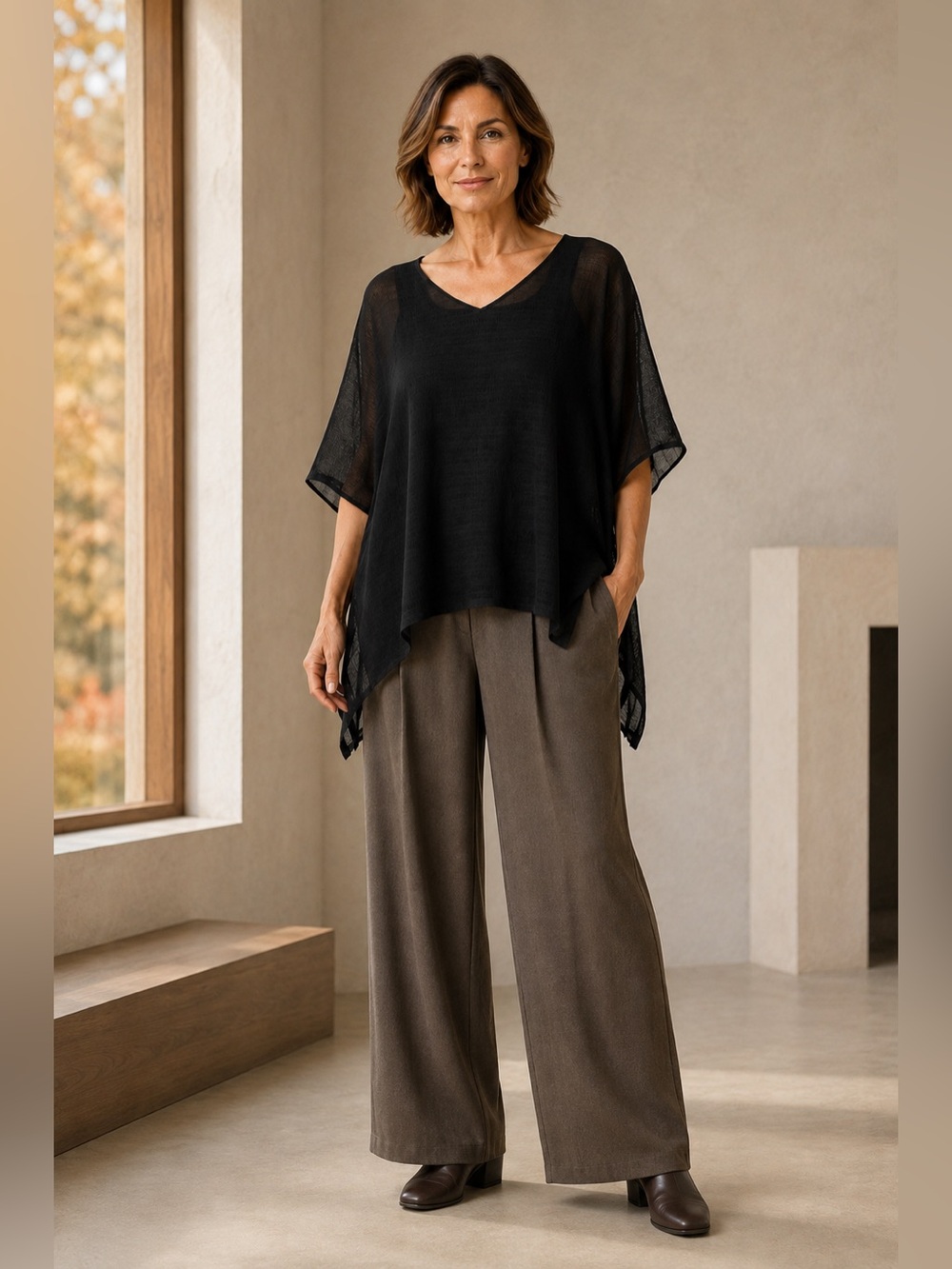 EILEEN FISHER SHEER SILKY PULLOVER V NECK BLOUSE TUNIC TOP SZ S / M